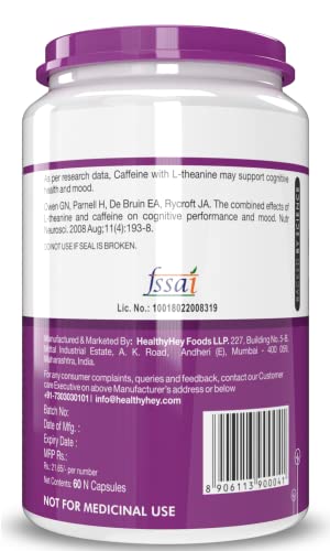 HealthyHey Nutrition Natural Caffeine Plus L-Theanine (60 Vegetable Capsules)