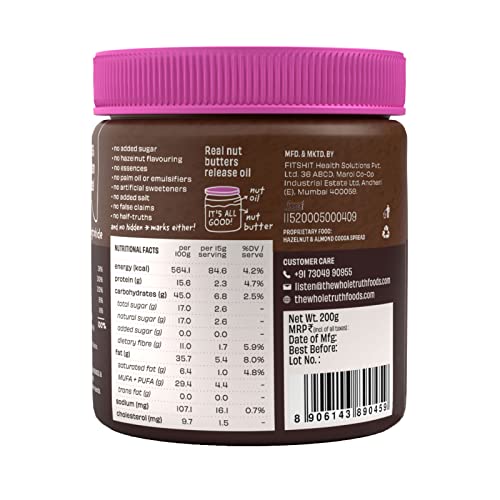 The Whole Truth - Hazelnut Spread - Creamy - 200g - No Added Sugar - No Palm Oil - No Preservatives - No Artificial Flavour