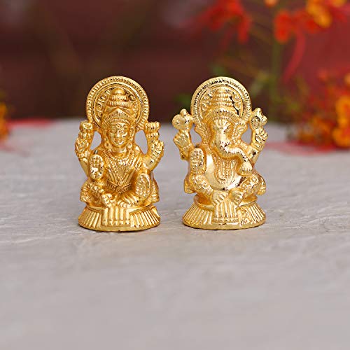 Collectible India Metal Laxmi Ganesh Idol Set - Gold Plated Lakshmi Ganesha Idols Statue