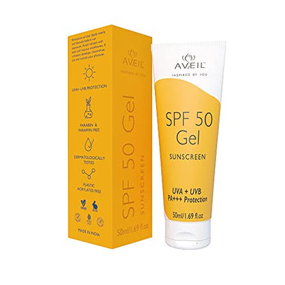 AVEIL SPF 50 Gel Sunscreen - 50ml | Dermatologically Tested For All Skin Types | Non-Greasy Non-Absoays | Rejuvenates & Repairs Skin From Photo-Ageing