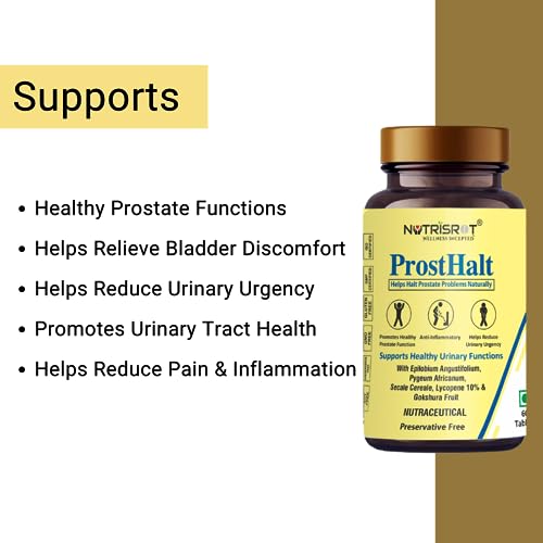 NUTRISROT? ProstHalt Herbal Supplement - Supports Healthy Prostate Function | Helps Relieve Bladder ican Cherry, Ryegrass & Lycopene for Men (60 tabs)