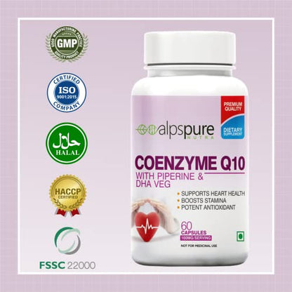 Alpspure Nutra Coenzyme Q10 / COQ10 100Mg High Absorption With Piperine & Dha Veg (60 Veg Capsules)  Antioxidant, Promotes Heart Health & Boost Energy