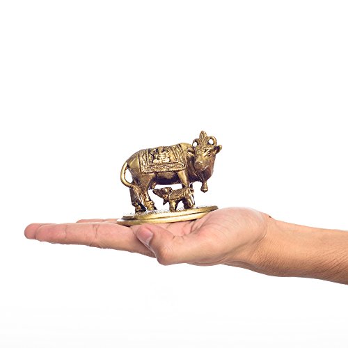 eCraftIndia Holy Kamdhenu Cow and Calf Brass Figurine (8 cm x 5 cm x 6, Golden and Yellow)