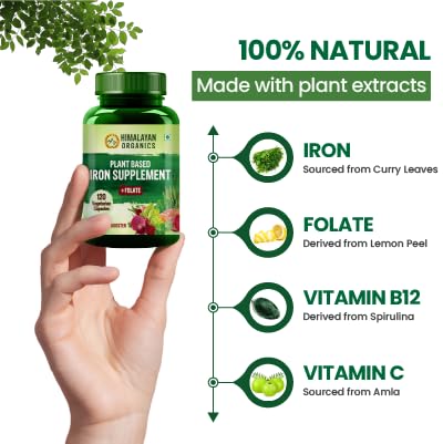 Himalayan Organics Plant Based Iron Supplement With Folate | Boost Energy (90 Capsules)