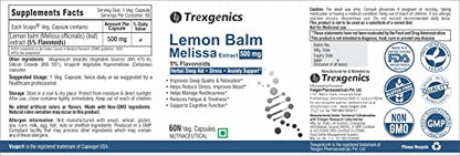 Trexgenics Lemon Balm 5% Flavonoids 500 mg Sleep, Relaxation, Mood Support Vegan & Non-Gmo (60 Veg. Capsules)