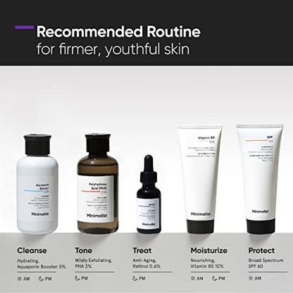 Minimalist Retinol 0.6% Mid-Strength Anti Aging Face Serum For Unisex, Reduces Fine Lines & Wrinkles, Medium Strength Retinol Formula (Pack Of 1)