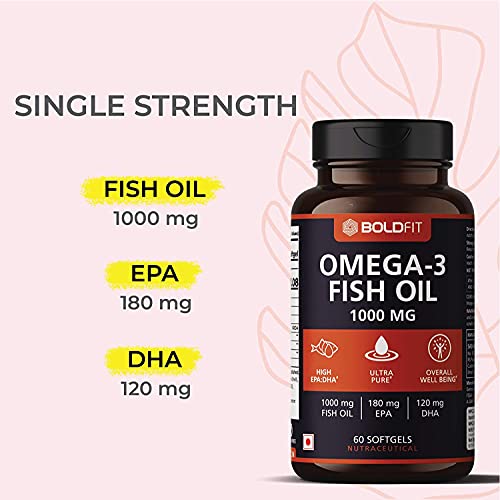 Bolddfit Omega 3 Fish Oil 1000mg supplements, Supports Heart, Brain, Joints & Skin with EPA 180 mg & DHA 120 mg for men and women - 60 Caps