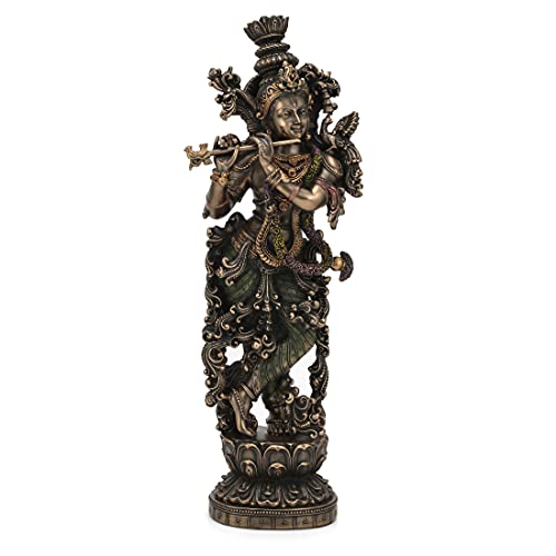 Collectible India 15" Large Krishna Idol - Bronze Finish- Lord Krishan Murti Statue Hindu Religious (Size 15 x 5 Inches)