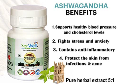 SerWell Pure Herbal Ashwagandha Extract 5:1 | 500Mg | 30 Vegetarian Capsules | Pack Of 1 | White