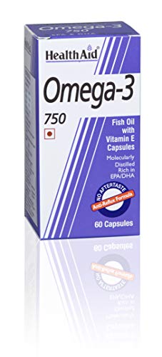 HealthAid Omega- 3 750mg (EPA 425mg, DHA 325mg) - 60 Capsules | vitamin E capsules with fish oil | Apromotes healthy skin and healthy brain function |