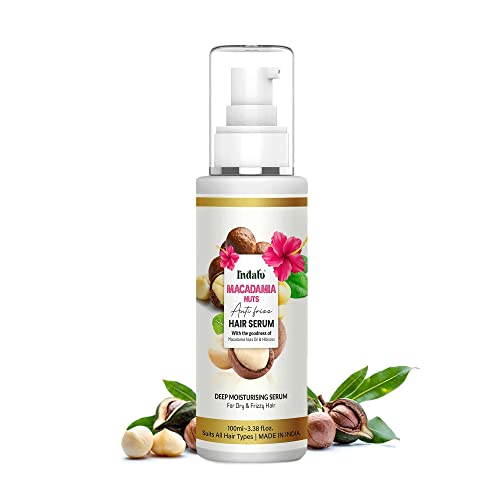 Indalo Macadamia Nuts Anti Frizz Hair Serum with Hibiscus, Deep Moisturising for Dry & Rough Hair Se Soft, Smooth & Shiny Hair for Men & Women - 100ml