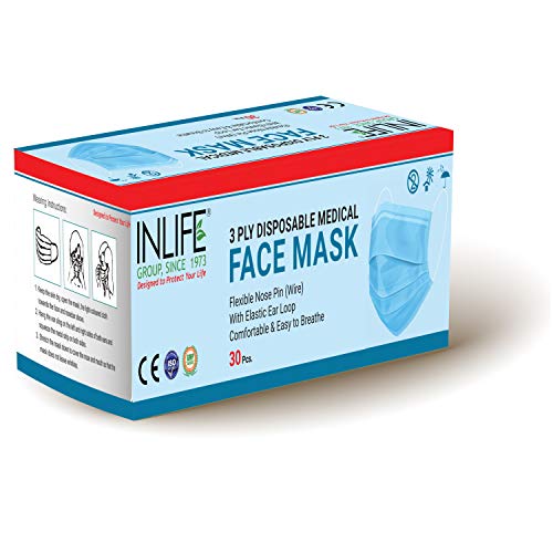 INLIFE 3ply Non Woven Disposable Face Mask for Pollution with Nose Pin & Flexible Ear Loop, 30 Masks