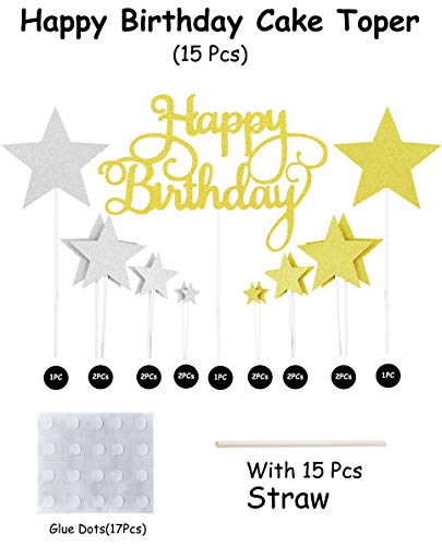 Party Propz Happy Birthday Cake Topper 14Pcs with Golden Silver Glitter And Stars Cupcake Toppers for 30th, 40th, 50th,60th Bday Decorations