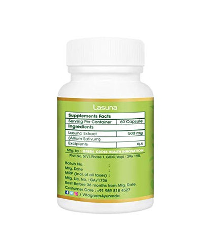 LASUNA 500 mg, Pack Of 60 Capsules For Cholestrol Control, 100% Natural, Ayurveda Herb, Health, Dietary, Herbal, Nutrition Supplements (Pack of 1)