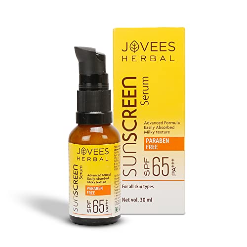 Jovees Sunscreen Face Serum SPF 65 with Green tea, Carrot and Sunflower extract, Broad spectrum Sun Water Resistant- For Oily & Acne Prone Skin - 30ml