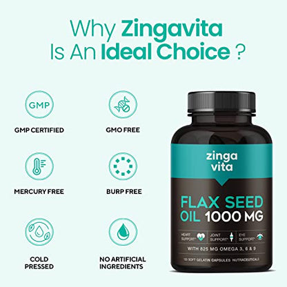 Zingavita Natural Flaxseed Oil 1000 mg with Omega 3 6 9 (120 Softgels) | Supports Heart, Joint, Vision & Immunity Health - 4 months pack