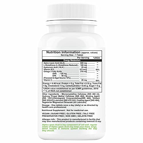 Propeptides Alpha Lipoic Acid 600mg With L Glutathione, Vitamin B12, C, Omega 3, And Hyaluronic Aciddetox. Sugar-Free ALA Supplement-60 Tablet (Pack1)