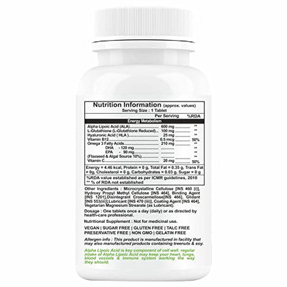 Propeptides Alpha Lipoic Acid 600mg With L Glutathione, Vitamin B12, C, Omega 3, And Hyaluronic Aciddetox. Sugar-Free ALA Supplement-60 Tablet (Pack1)