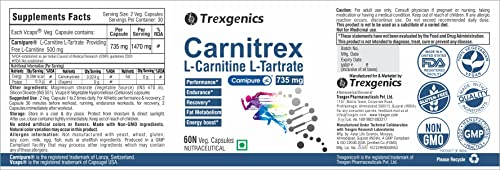 Trexgenics Carnitrex 735 - Carnipure L-Carnitine L-Tartrate 735mg, Fat Metabolism, Energy, Endurance & Performance Boost (60 Veg Capsules)