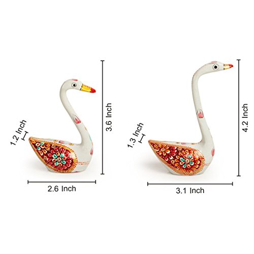 Metal Meenakari Decorative Showpiece White Swan Hand Enamelled Figurine Set (3.1 x 1.3 x 4.2 Inch & 2.6 x 1.2 x 3.6 Inch, 2 Pcs)