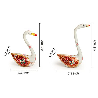 Metal Meenakari Decorative Showpiece White Swan Hand Enamelled Figurine Set (3.1 x 1.3 x 4.2 Inch & 2.6 x 1.2 x 3.6 Inch, 2 Pcs)