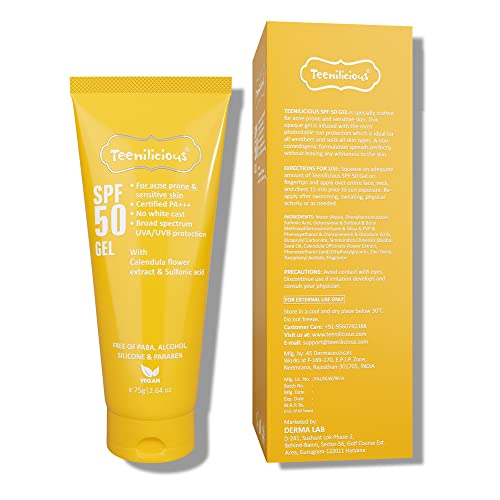Teenilicious Sunscreen SPF 50 Gel Broad Spectrum PA+++, No White Cast, Light Weight Acne UV Gel, SunSkin, Sunscreen for Women & Sunscreen for Men–75Gm