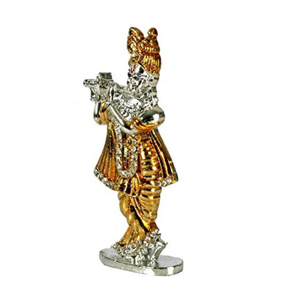 Relicon Lord Krishna Idol (Design-39) Silver Gold Metal Statue for Car Dashboard | Mandir Pooja (L*B*H-4 x 1 x 9 Cm)