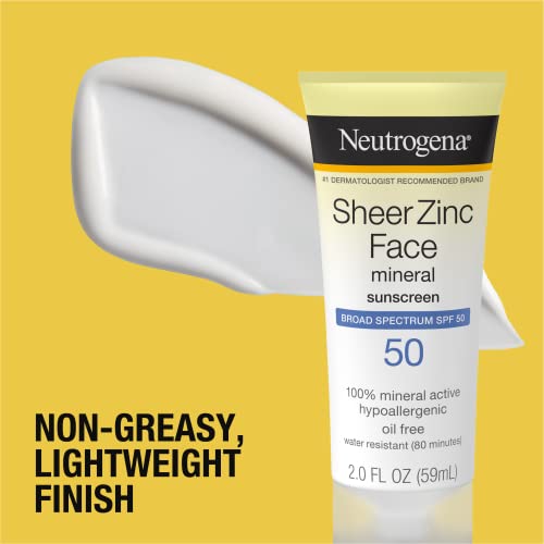 Neutrogena Sheer Zinc Oxide Dry-Touch Face Sunscreen with Broad Spectrum SPF 50, Oil-Free, Non-Comedogenic & Non-Greasy Mineral Sunscreen, 2 fl. oz