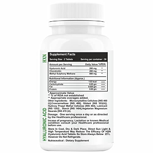 HXN Hyaluronic Acid Supplements With Chondroitin & MSM for Men, Women. Clinically Tested Collagen po support supplement Sugar-Free Tablet - 60 Tablets