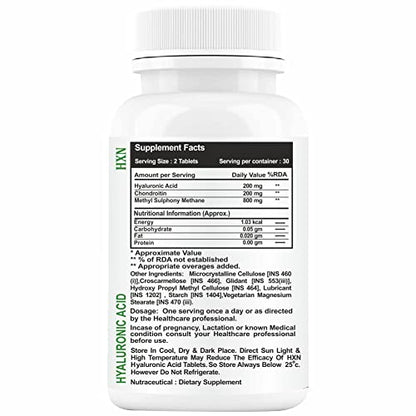 HXN Hyaluronic Acid Supplements With Chondroitin & MSM for Men, Women. Clinically Tested Collagen po support supplement Sugar-Free Tablet - 60 Tablets