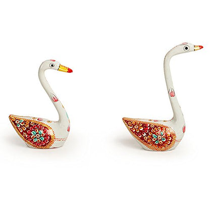 Metal Meenakari Decorative Showpiece White Swan Hand Enamelled Figurine Set (3.1 x 1.3 x 4.2 Inch & 2.6 x 1.2 x 3.6 Inch, 2 Pcs)