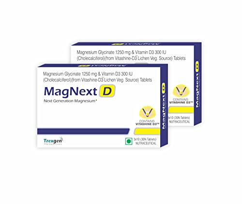 Trexgen MAagnext-D Magnesium glycinate 1250 mg & Stabilized Cholecalciferol 200 IU - Pack of 2