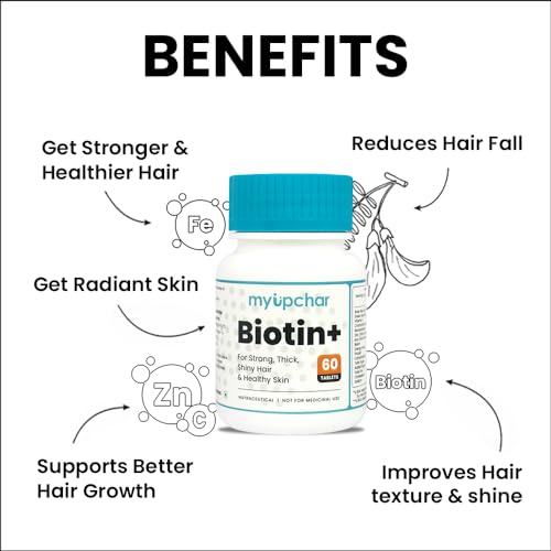 myUpchar ayurveda Biotin+ for Hair Growth | Supplement For Strong & Thick Hair | Glowing Skin, Fight Iron & Zinc | For Men & Women | 60 Biotin Tablets