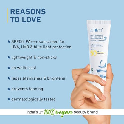Plum 2% Niacinamide Sunscreen SPF 50 PA+++ With Rice Water | UVA/ UVB Protection | Reduces Tan, Brig| All Skin Types | Women & Men | 100% Vegan | 50 g