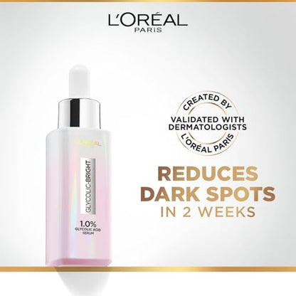 L'Oreal Paris Instant Glowing Serum, 1% Glycolic Acid, 2% Niacinamide, Reveals Even Skin Tone, Glycolic Bright Skin, 30ml