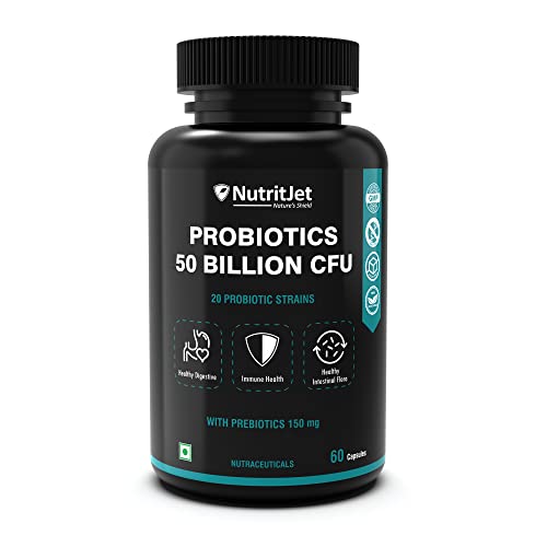 NutritJet Probiotics Supplement 50 Billion CFU For Men & Women with 20 Strains With Prebiotics Bettenity, Detox & Improve Gut Health - 60 Veg Capsules