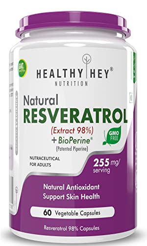 HealthyHey Resveratrol Extract 98% Plus BioPerine for Absorption - 255mg - 60 Vegetable Capsules (Pack of 1)