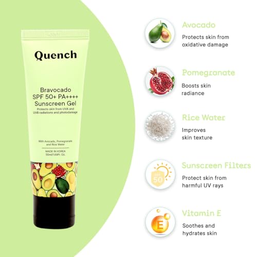 QUENCH Bravocado Sunscreen SPF 50+ PA++++| Korean Sunscreen with Vitamin E & Avocado for Glowing Skiicky| UVA & UVB Protection| For Women & Men (50ml)