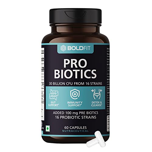 Boldfit Probiotics Supplement 30 Billion CFU For Men & Women with 16 Strains & Prebiotics - Gut Support, Digestion, Detox & Cleanse - 60 Veg Caps