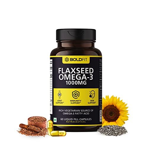 Boldfit Flaxseed Oil Capsules 1000mg with Omega 3 for Men & Women - Supports Skin, Joint, Hair & Immunity Support. - 60 Veg Capsules.