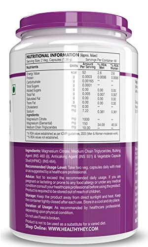 HealthyHey Nutrition Magnesium Citrate - 1000 mg - 120 Vegetable Capsules
