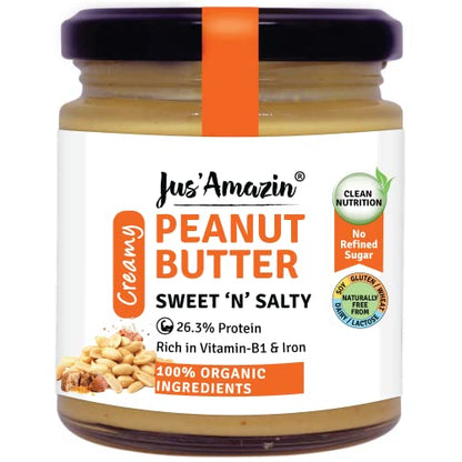 Jus' Amazin Creamy Organic Peanut Butter – Sweet n Salty (200g) | 26% Protein | Zero Chemicals | Vegan | Dairy Free