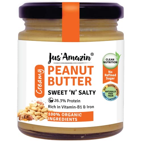 Jus' Amazin Creamy Organic Peanut Butter – Sweet n Salty (200g) | 26% Protein | Zero Chemicals | Vegan | Dairy Free