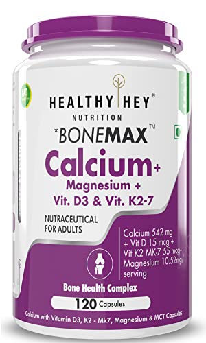 HealthyHey Nutrition Vegan Calcium with Magnesium, Vitamin D3 & Vitamin K2- Mk7 - BoneMax - Bone Health Complex - 540mg - 120 Vegetable Capsules