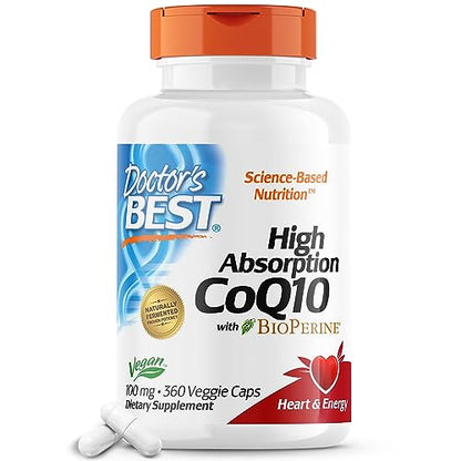 Doctor's Best High Absorption CoQ10 with BioPerine, Gluten Free, Naturally Fermented, Vegan, Heart Halth and Energy Production, 100 mg 360 Veggie Caps