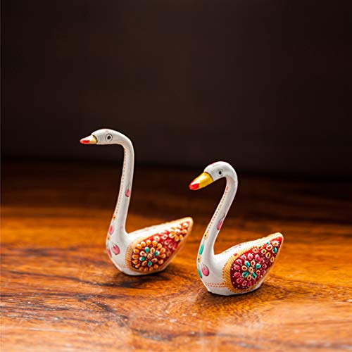 Metal Meenakari Decorative Showpiece White Swan Hand Enamelled Figurine Set (3.1 x 1.3 x 4.2 Inch & 2.6 x 1.2 x 3.6 Inch, 2 Pcs)