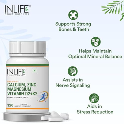 INLIFE Calcium Magnesium Zinc Vitamin D K2 Folic Acid & B12 Vegetarian Tablets, Bone & Joint Supportement for Women Men - 120 Tablets (Pack of 2, 240)