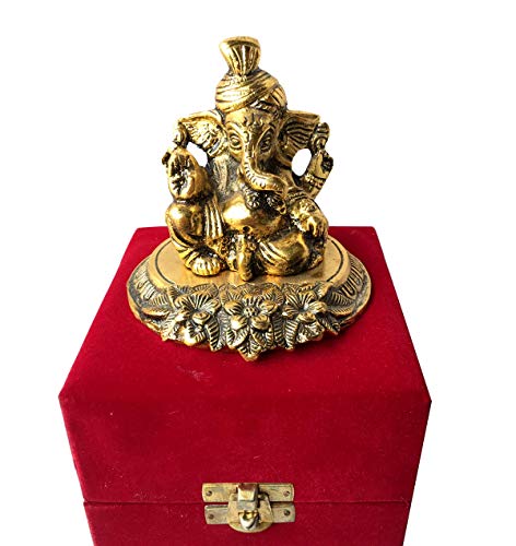 Golden Plated Pagdi Ganesh God Idol Statue Oxidized Finish with Velvet Box Packing (10H x 8W x 8L Cms)