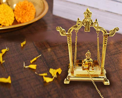 Collectible India Aluminium Swing Jhula with Ladoo Gopal Showpiece (Gold)