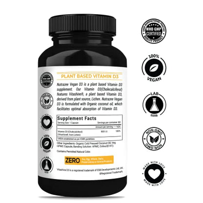 Nutrazee Vegan Vit D3 Supplement For Men & Women, Immunity, Bone, Joint & Muscles Health - 60 Caps